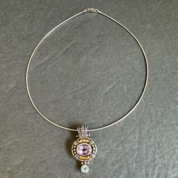 Samuel Benham 14K Gold Sterling Silver Amethyst Necklace BJC Blue Topaz Enhancer - Picture 12 of 13